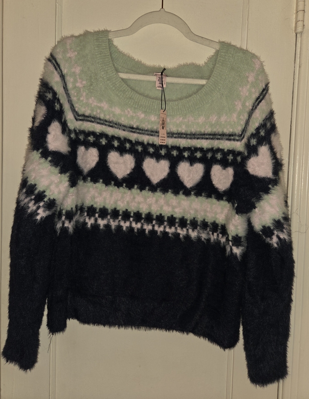 Victoria's Secret Mint, Black & Light Pink Heart Fuzzy Crew Sweater